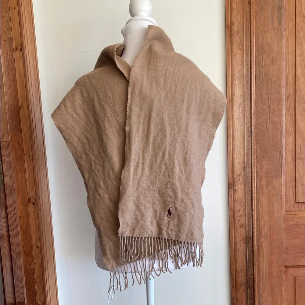 POLO RALPH LAUREN Camel Fringe Lambswool Scarf Vintage